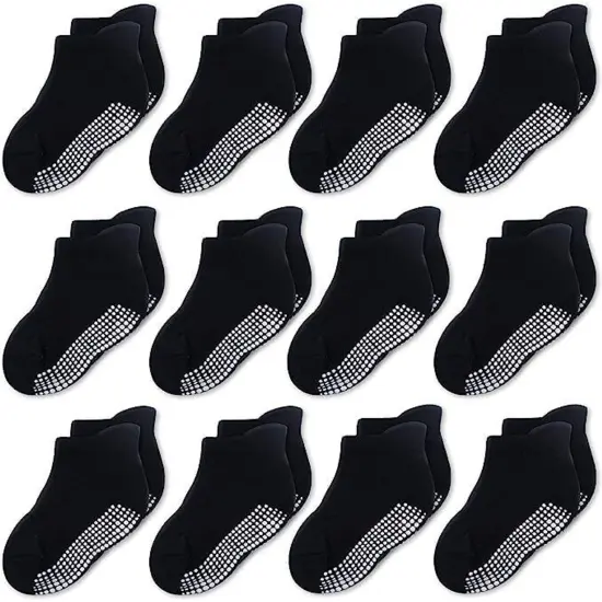 CozyWay Baby Socks With Grippers - Non Slip Ankle Grip Socks for Girls Boys Babies Infants - Soft Comfy Cotton - For Ages 1-11 Months - Unisex Black - 12 Pack {1}