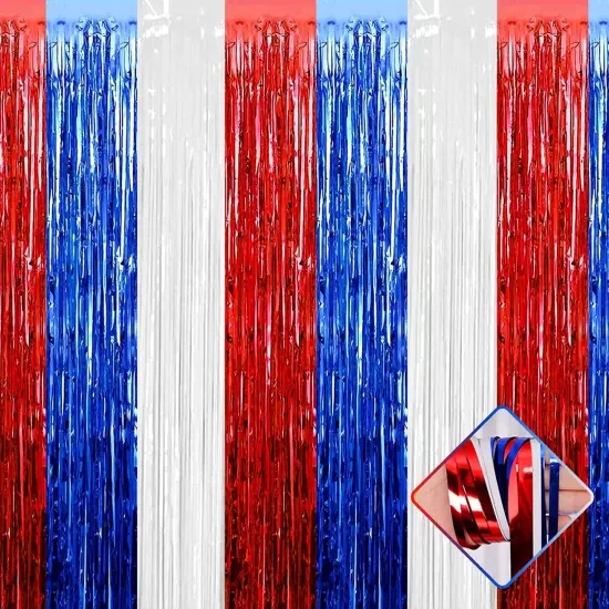 4 Pack 3.2Ft x 8.2Ft Independence Day Foil Fringe Curtain Backdrop, Red Blue White Metallic Tinsel Foil Fringe Streamers Curtains Background for Photo Booth, Birthday, Wedding, Party Decoration {1}