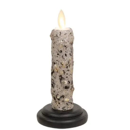 LED Silicone Dipped Grey Taper Candle Rustic Wood Base Battery Powered Timer and Remote Use {1}