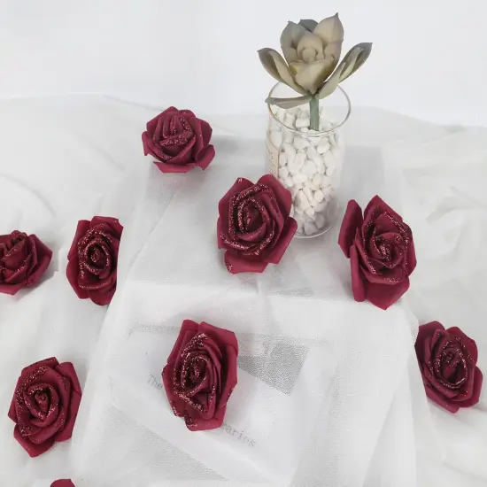 100pcs Burgundy Glitter Roses Foam Glitter Flowers Fake Roses {5}