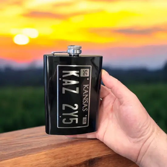 8oz BLACK Kansas License Plate Flask {3}