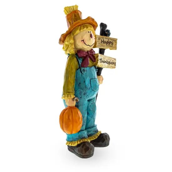 Friendly Scarecrow Holding Happy Thanksgiving Sign Figurine {4}