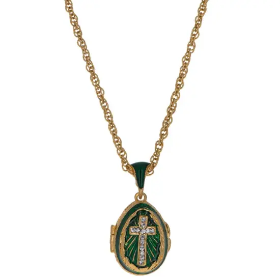 Green Enamel Crystal Cross Royal Egg Pendant Necklace {1}