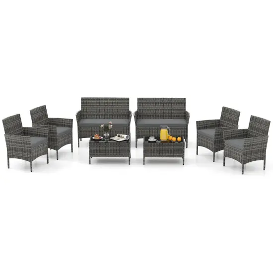 Costway 8 PCS Patio Furniture Set with Washable Cushions and Tempered Glass Coffee Table {2}
