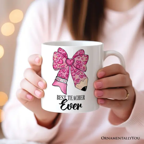 Pencil Coquette Teacher Bow Mug, Cute Appreciation Present, Back To School Gift {2}