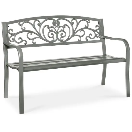 Best Choice Products Outdoor Steel Bench Garden Patio Porch Furniture w/ Floral Design Backrest Gray {1}
