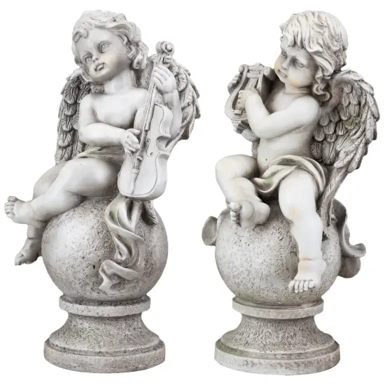 Northlight 14.75" Set of 2 Cherub Angels with Instruments Outdoor Garden Statues Gray {4}