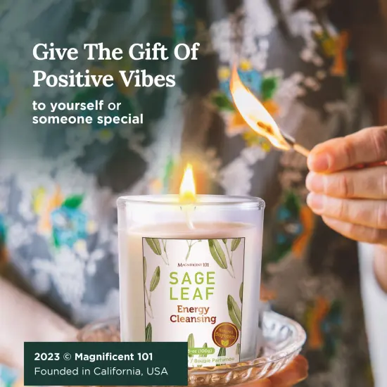 Magnificent 101 Set of 3 Long Lasting White Sage Leaf Scented Smudge Candles - 42 Hour Burn, 3.5 Oz Each, Made with Soy Wax and Herb, Ideal for House Energy Cleansing, Meditation & Manifestation Multicolor {6}