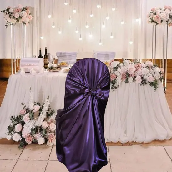 1 Piece Satin Self Tie Universal Banquet Chair Cover Eggplant {6}