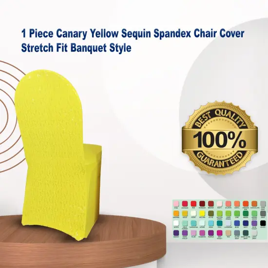 1 Piece Canary Yellow Sequin Spandex Chair Cover Stretch Fit Banquet Style {1}