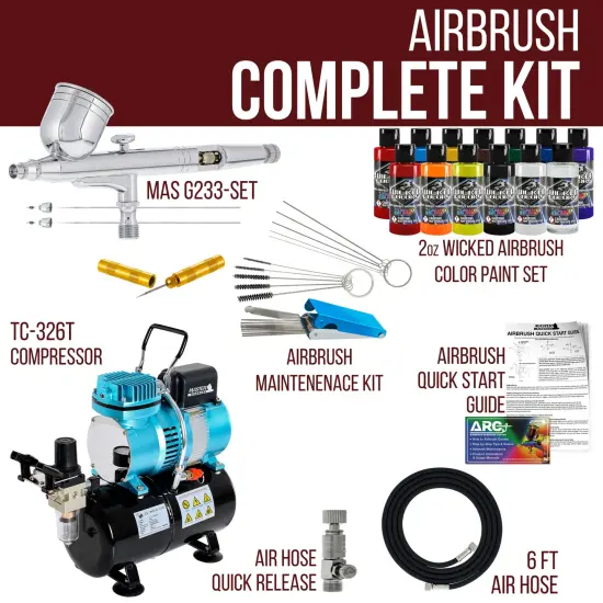 Cool Runner II Dual Fan Air Tank Compressor System with Gravity Airbrush Kit with 3 Tips, 12 Wicked Colors Acrylic Paint Artist Set, Cleaning Kit {2}