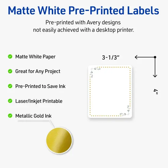 Avery Printable Rectangle Labels, Gold Dots with Green Florals, 4" x 3-1/3", Matte White Rectangle Labels, Permanent, Laser/Inkjet, 40ct, Great for Product Labels {2}