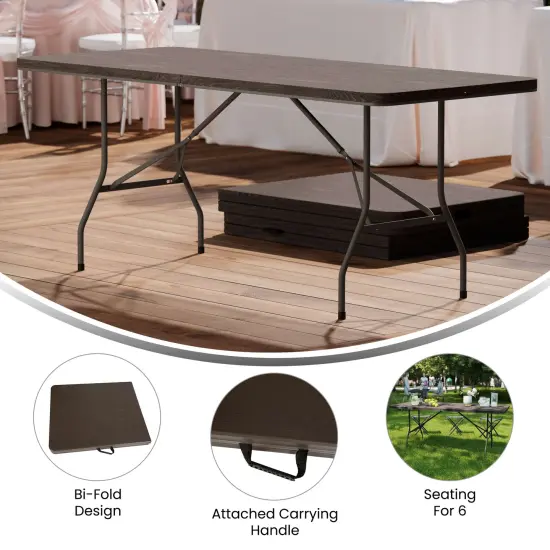 Emma and Oliver 6-Foot Bi-Fold Plastic Banquet and Event Folding Table with Handle Brown {3}