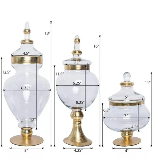 3 pcs 11" 16" 18" tall Clear Glass Gold Trim Apothecary Jars Candy Buffet {2}