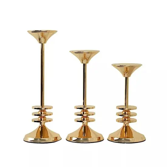 3 Gold Candlestick Stands 3-Disk Design Taper CANDLE HOLDERS Set Party Events {1}