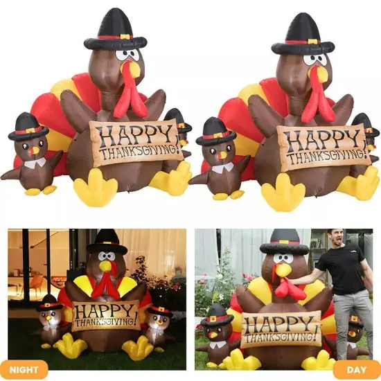 2pcs 6ft Thanksgiving Inflatable LED Lighted Turkey Family Blow up Lawn Yard Dec {1}