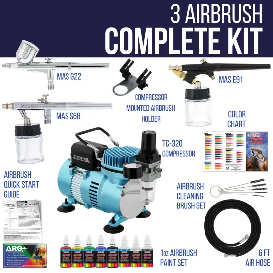 Professional Cool Runner II Dual Fan Air Compressor, 3 Airbrush System Kit with 6 Primary Opaque Colors Acrylic Paint Artist Set - How To Guide {2}
