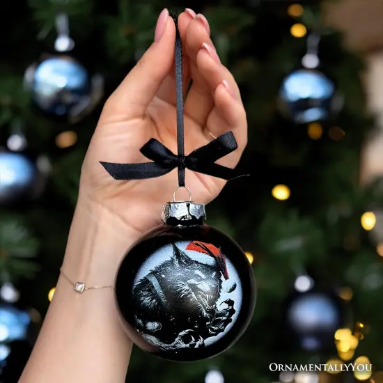 Werewolf Christmas Spooky Portrait Glass Ornament, Black Horror Halloween Tree Decoration {3}