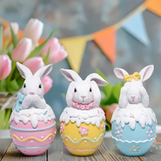 Easter Bunny Figurine Set - Egg Decorations, 3-Piece Handmade Resin Craft, Must-Have for Holiday Home D&eacute;cor, Easter Parties, Gifts, and Spring-Themed Decorations {3}