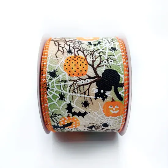 Designer&rsquo;s Shop WR 63-5208 Halloween Night Scene Wired Ribbon &ndash; Pumpkins, Bats & Cobwebs &ndash; 2.5&rdquo; x 10yd {2}