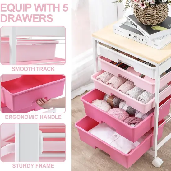 5 Drawers,Storage Drawer Cart with Wooden Tabletop and Lockable Wheels {4}