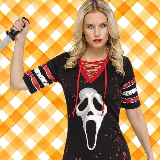 Ghost Adult Face Dress Costume Lace Up Neck Medium Fits {3}