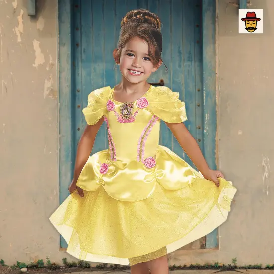 Girls Belle Costume Yellow Dress Pink Rosettes Sparkling Skirt Character Cameo Yellow, Pink {5}