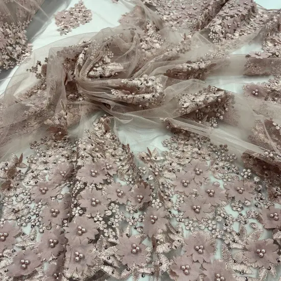 1 Yard Beaded 3D Floral Lace Fabric Embroidered on 100% Polyester Net Mesh 52" Width Lt. Blue {3}