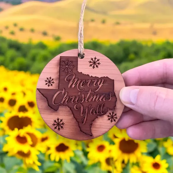 Texas Merry Christmas Y'all - Raw Cedar Ornament 3x3in {6}