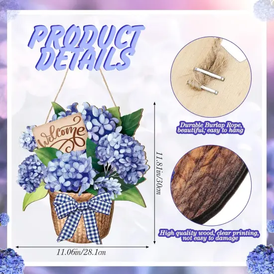 Summer Porch Sign Decor, Hydrangea Flowers Spring Wreath for Front Door, Welcome Hanging Sign for Home, Summer Decor Sign {3}