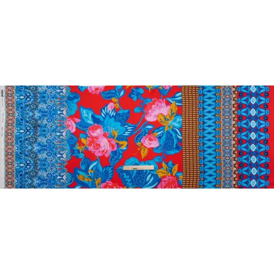 1 Yard Italian Silk Charmeuse Print Fabric Red Blue Gold Floral Abstract Stripes, 53 Inches Width {3}