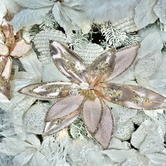 Elegant Rose Gold Poinsettia with Crystals and Glitter 12'' Set of 2 {6}