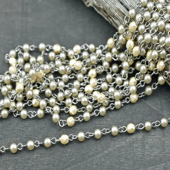 4mm Satin Taupe Pearl & Cream Fire Polished Round Beads w/Silver Beaded Chain {6}