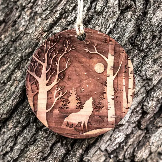 Winter Wolf - Raw Cedar Ornament 3x3in {2}
