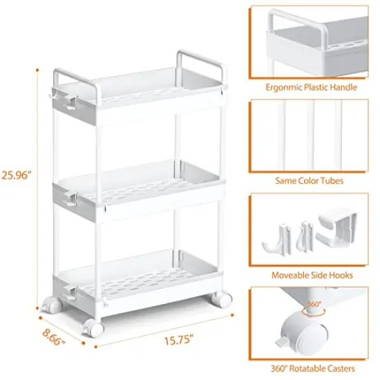 3 Tier Classic Storage Rolling Cart Slim Storage Cart with Wheels Slide Out Storage Rolling Cart Organizer Plastic for Bathroom Laundry, White {1}