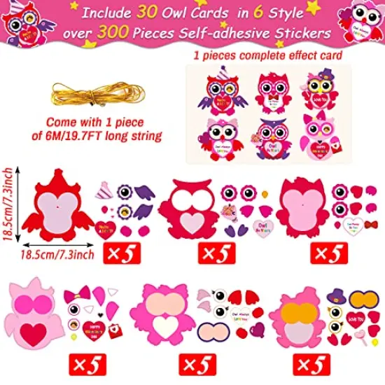 30 Pieces Valentine's Day Craft Kits DIY Owl Craft for Kids Valentine's Heart Craft Make Your Own Owl Bulk Set for Home Classroom Game Activities {1}