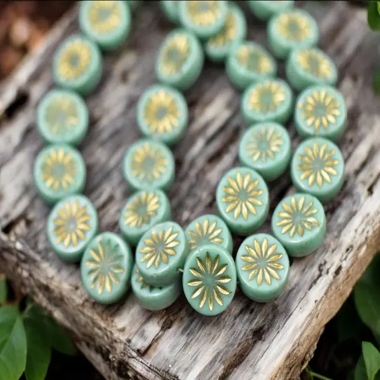 *15* 12mm Gold Washed Green Turquoise Aster Flower Coin Beads {3}