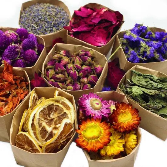 9 Bags Set Dried Flowers - Candle Making Soap Making DIY Natural Flowers-Lemon,Lily,Don't Forget Me,Lavender,Mint Leaf,Rose Petal, Red Rose,Globe Amaranth,Chrysanthemum. {1}