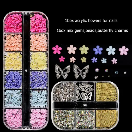 3D Pink Pastel Acrylic Flower for Nails, Gold Caviar Beads Nail Decorations Mixed Rhinestones Kit, Crystal AB Color Gems Nail Diamonds Rhinestones for Women Craft Jewelry {1}