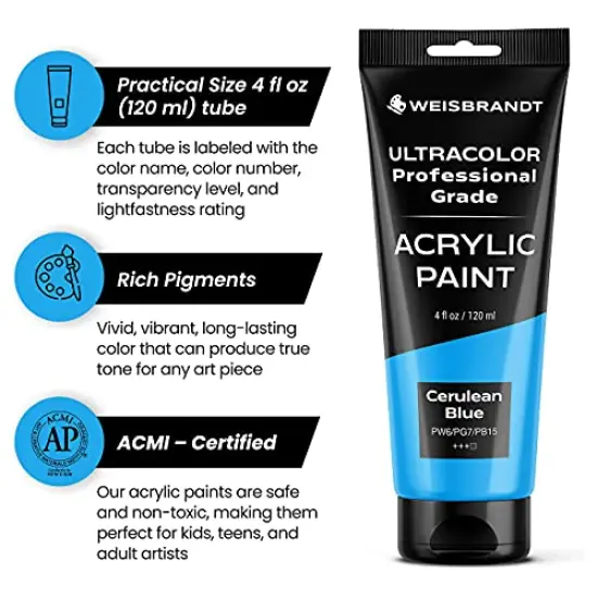 Artist Quality Acrylic Paint in Assorted Colors, 4 oz, Rich Pigment, Non Fading and Non Toxic, for Artists & Hobby Painters, Cerulean Blue {1}