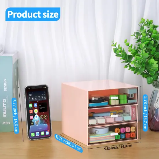 Desk Organizer with 4 Drawers, Clear Plastic Desk Storage Box, Desktop Organization for Office Supplies, Gel Pens, Pencils, Markers, Tape, Erasers, Paperclips, Chargers (Pink w 3Draws) {6}