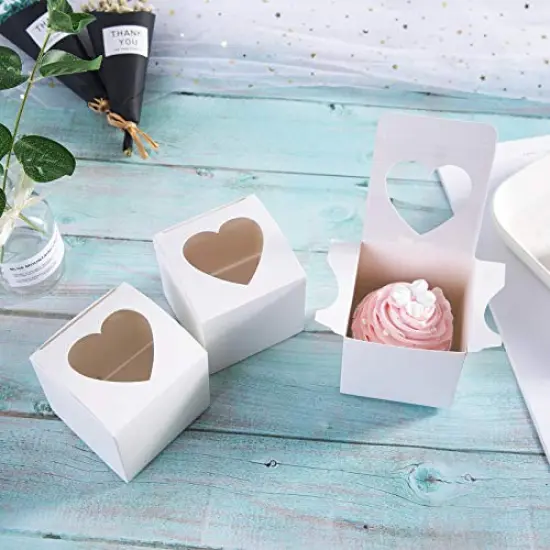 25 Pack 3" Mini Single Favor White Cupcake Boxes with Heart Shape Window without Handle,Small Cupcake Box Carrier Individual Containers 3X3X3inch {1}