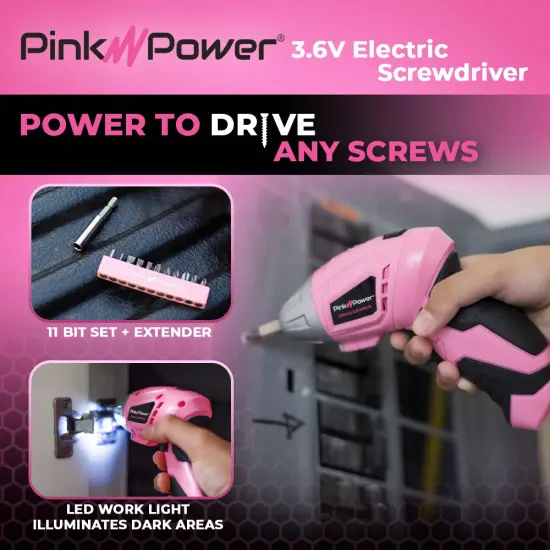 Pink Power Cordless Screwdriver Set - 3.6V Electric Screwdriver Rechargeable Screw Gun Kit - Automatic Mini Pink Drill Set for Women - Portable Small Drill Battery Powered Screwdriver LED Light {6}