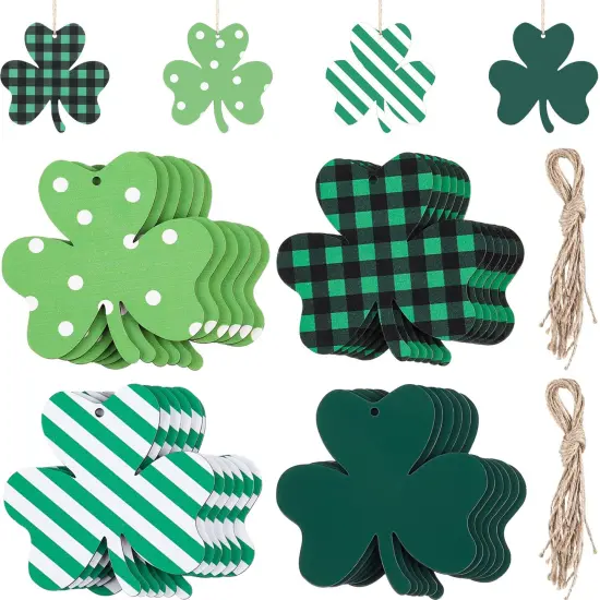 24 Pieces St Patricks Day Decorations Shamrocks Wooden Ornaments Wooden Shamrocks Clover Ornament Shamrock Wooden Cutouts Hanging Ornament with Rope for St Patrick's Day Tree Table Decor (Simple Style) {2}