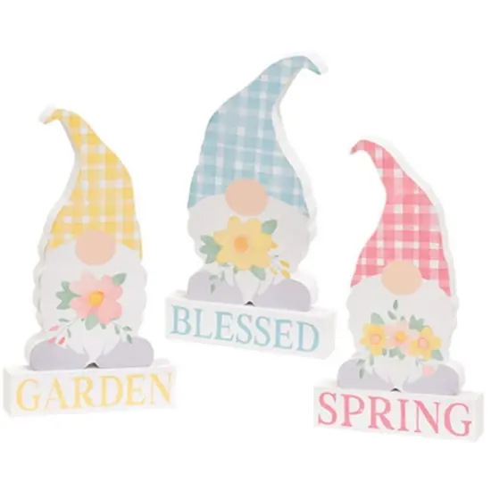 Spring Blessings Wooden Word Blocks & Floral Gnome Figurines - 3 Asstd {1}