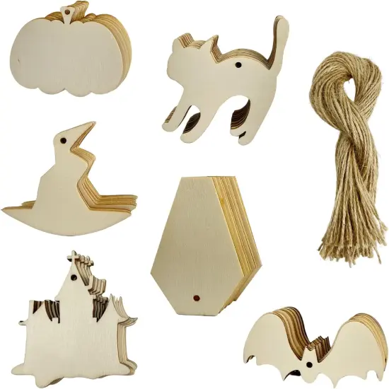 60 Pcs Halloween Wooden Craft Kit - DIY Unfinished Slices Crafts {1}
