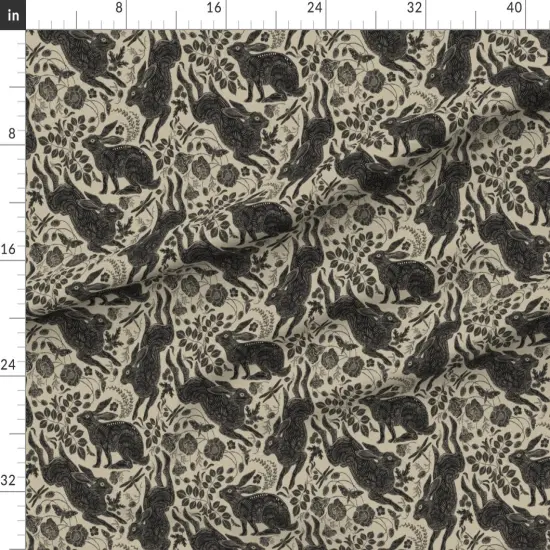 Various Fabrics by the Yard or Fat Quarter Woodland Rabbit Bunny Tan Neutral Folk Art Style Botanical Woodblock Linocut Custom Printed Fabric by Spoonflower {1}