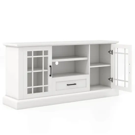 TV Stand for TVs up to 70 with Glass Doors Cubbies and Drawer-White {1}
