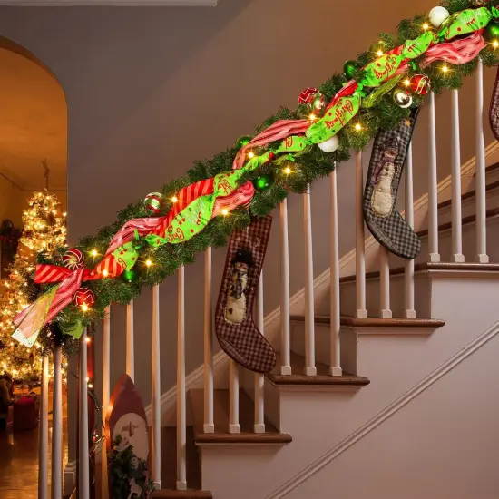 6 ft Prelit Christmas Garland with Lights for Mantle Lighted Xmas Garland with Red Green Balls {3}