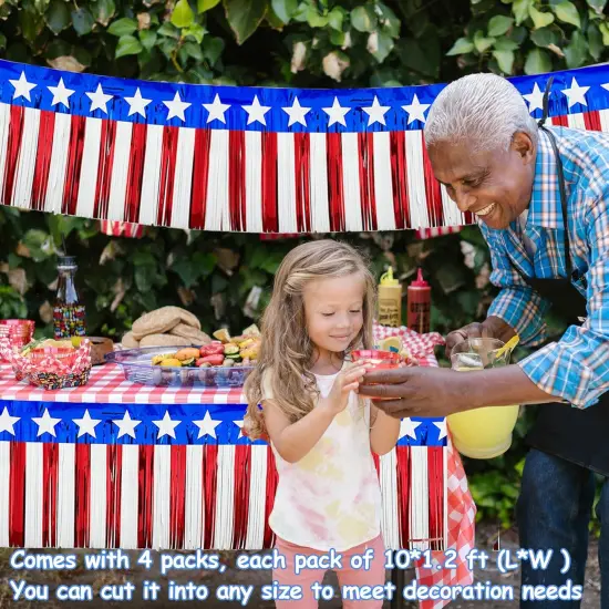 4 Pack Parade Floats Foil Fringe, Each 10 ft x 15'' American Flag Stripes and Stars Tinsel Patriotic foil Fringe Garland for 4th of July Trailer Car Graduation Homecoming Party (4 Pack)&hellip; {4}